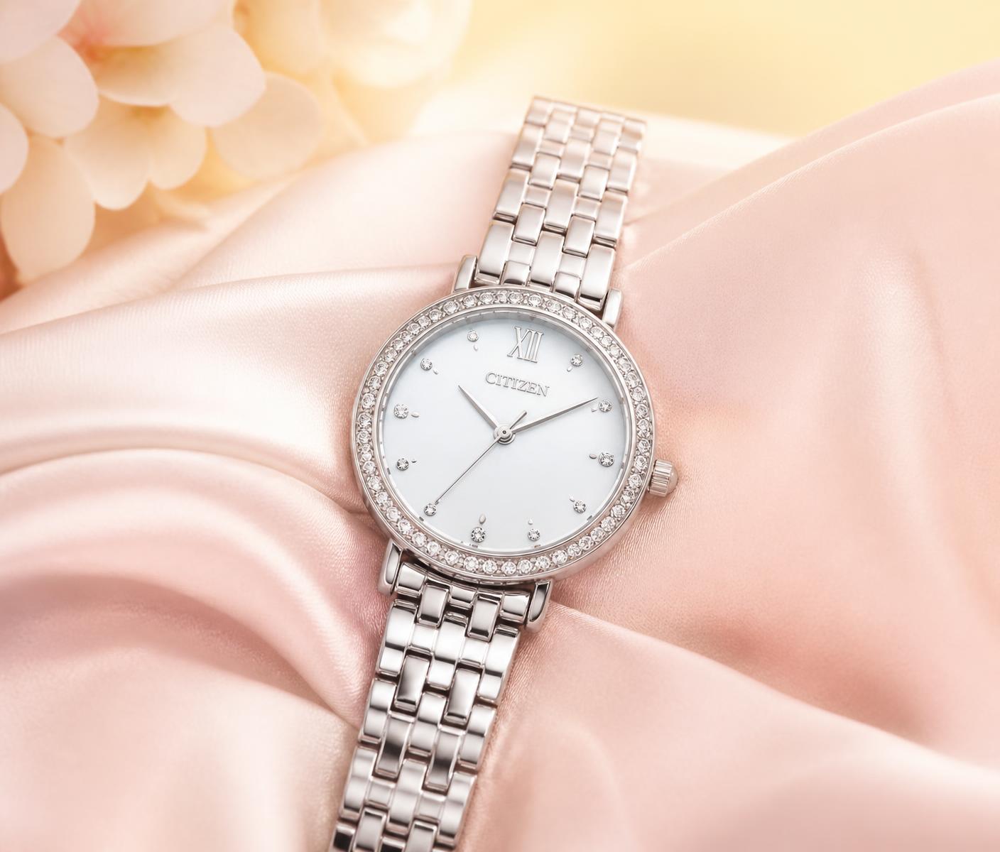 Crystal-bezel watch on blush silk